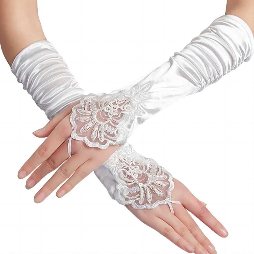 Women's A-A-White Fingerless Satin Long Evening Gloves Wedding Party Costumes